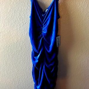 Blue velour ruched V neck mini body con dress